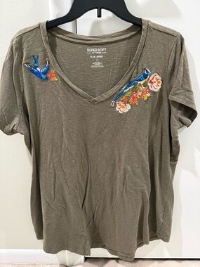 torrid olive V-Neck Tee with Blue Embroidered Birds and Floral Accents